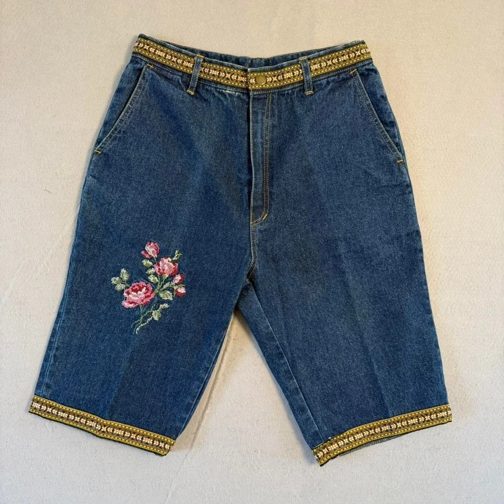 Vintage Ebass High Rise Embroidered Mom Jorts Dark Wash Floral Denim Shorts 26